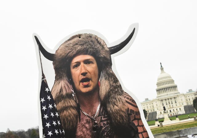 <p>An effigy of Facebook CEO, Mark Zuckerberg, dressed as a January 6, 2021, insurrectionist is placed near the US Capitol in Washington, DC, on March 25, 2021.</p>