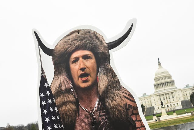 <p>An effigy of Facebook CEO, Mark Zuckerberg, dressed as a January 6, 2021, insurrectionist is placed near the US Capitol in Washington, DC, on March 25, 2021.</p>