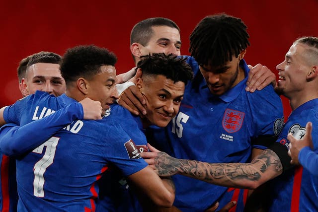 <p>Ollie Watkins is congratulated by his England teammates</p>