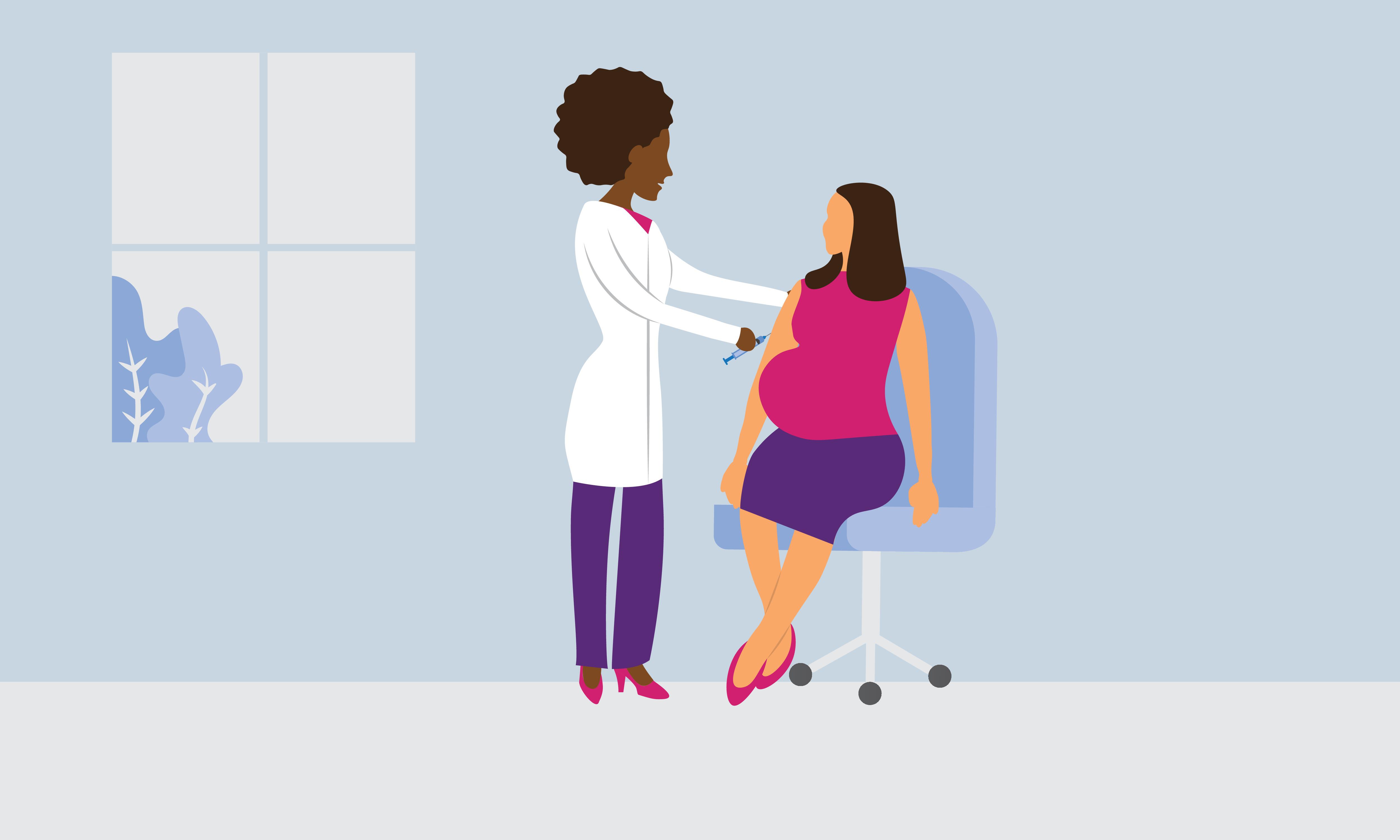 Illustration of pregnant woman getting vaccine shot
