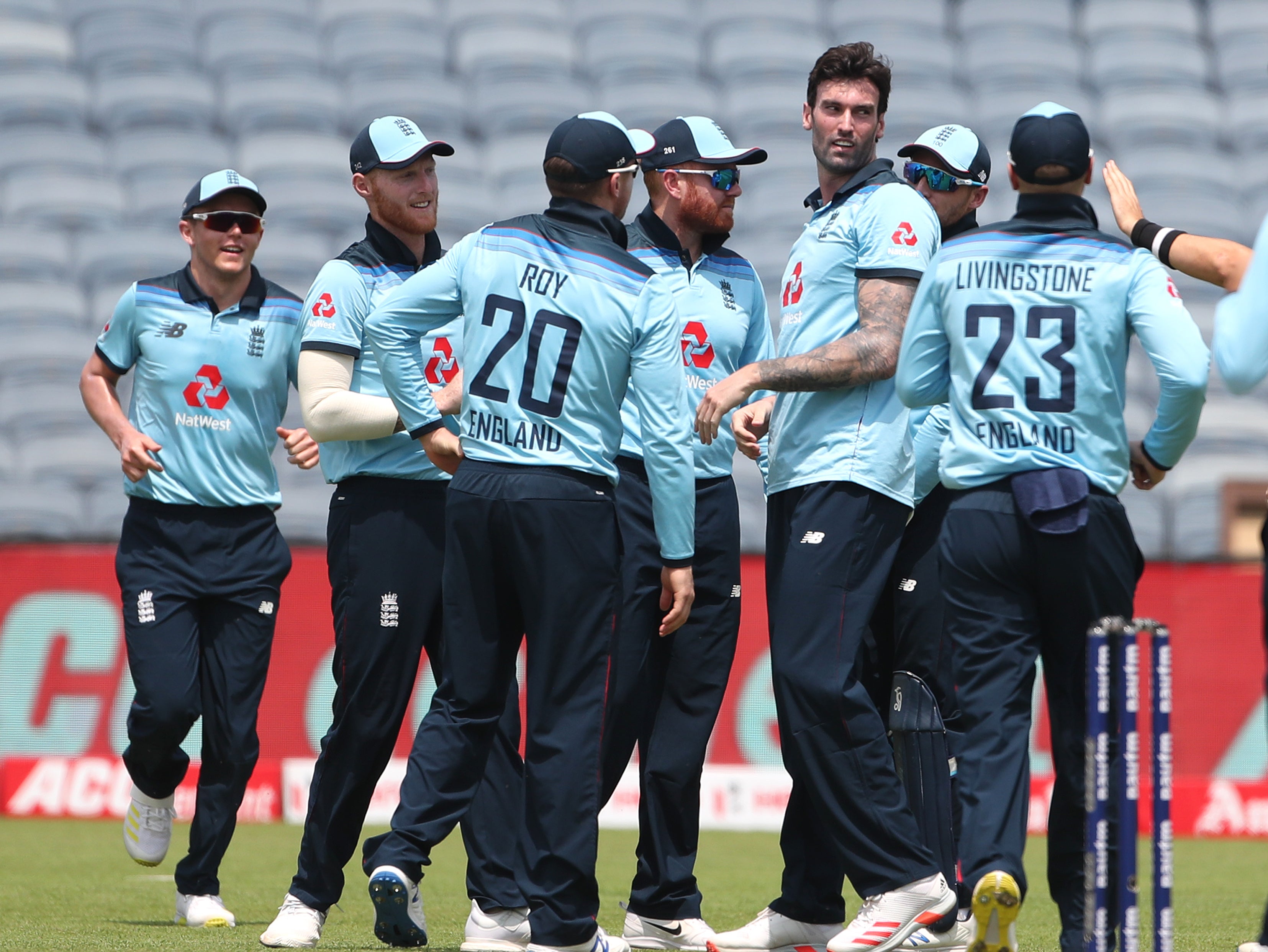 England bowler Reece Topley celebrates an early wicket