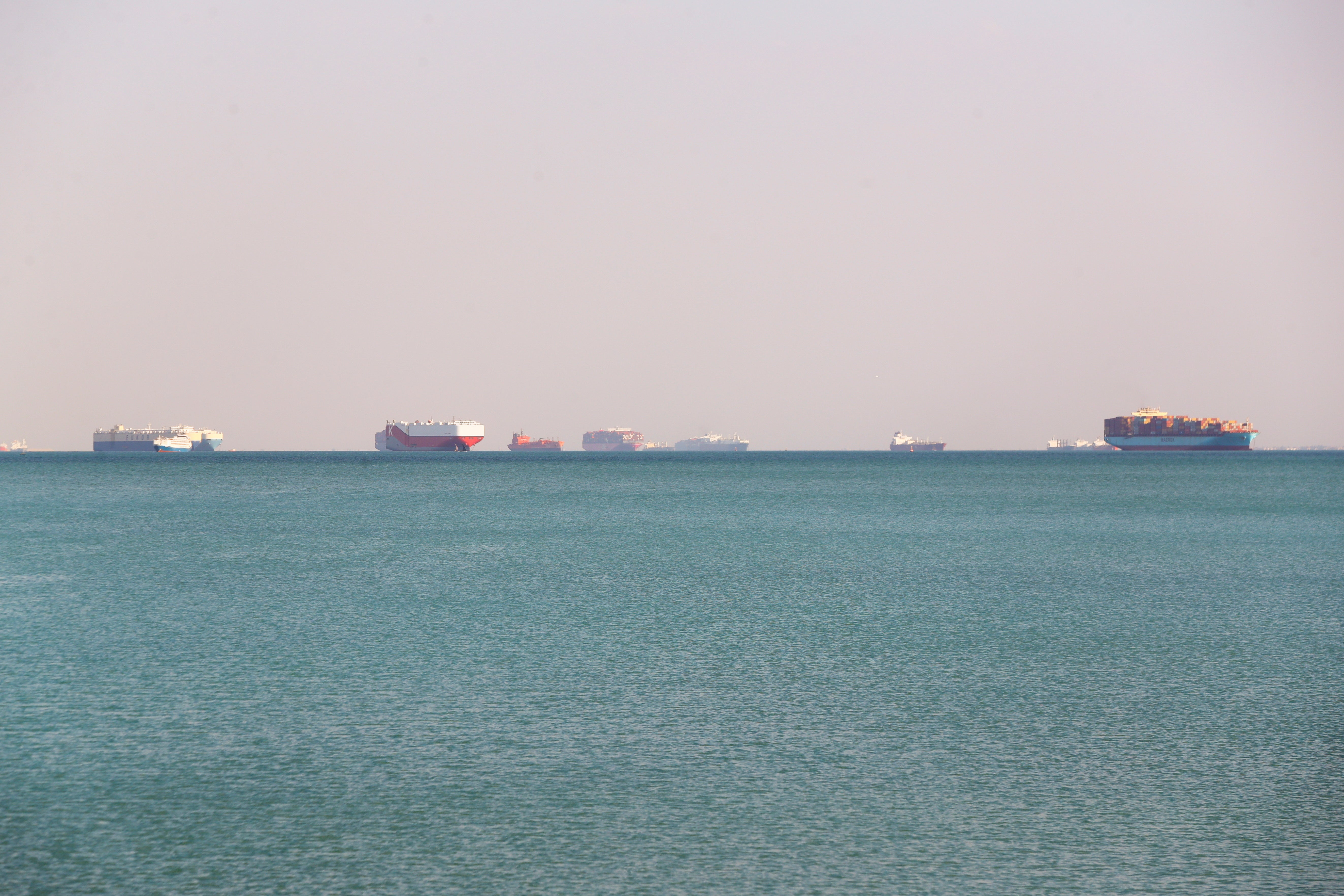 Container ships waiting outside the Suez Canal