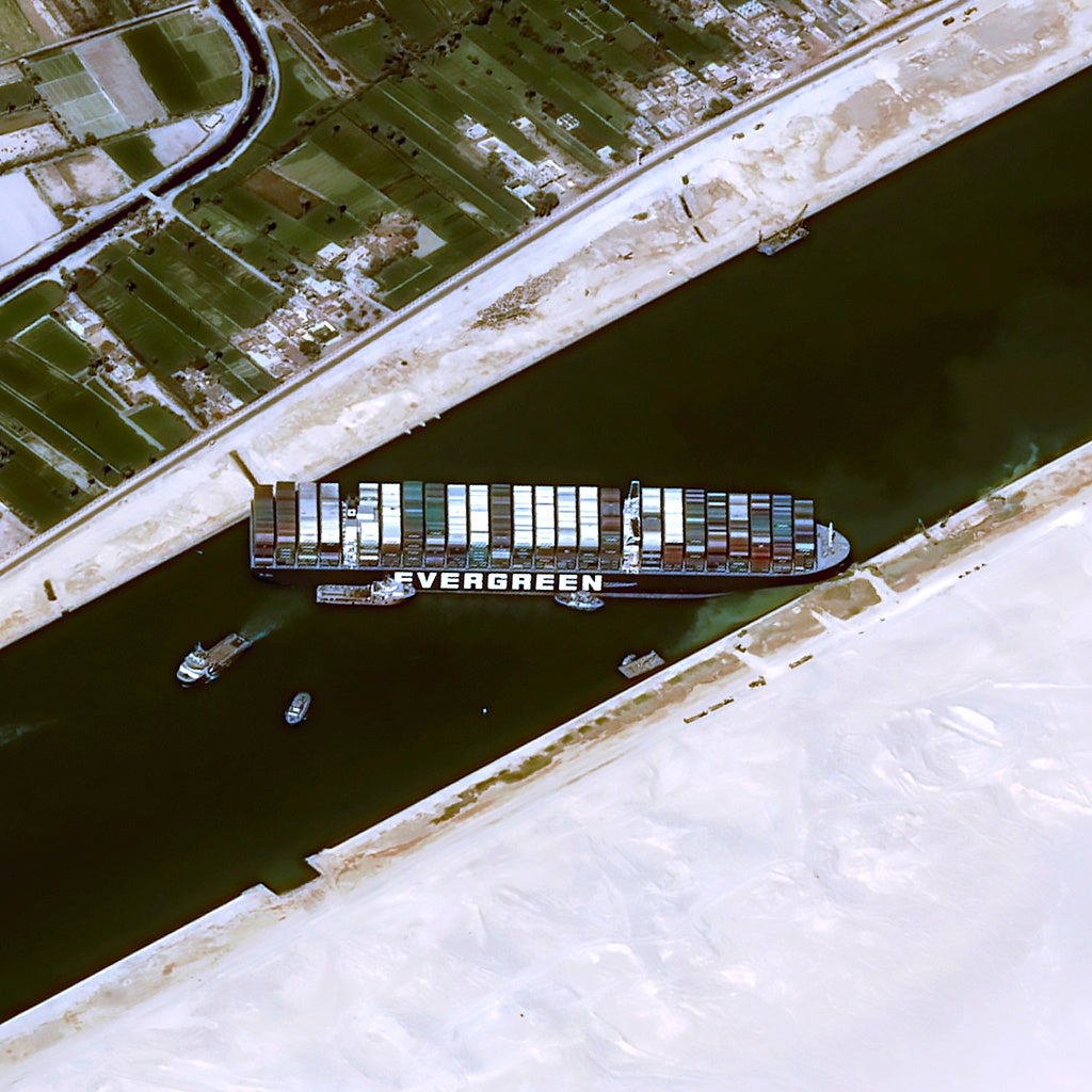 A satellite image shows stranded container ship Ever Given