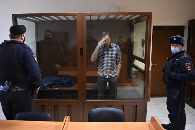 <p>The Russian opposition leader stands inside a glass cell during a court hearing at the Babushkinsky district court in Moscow in February</p>
