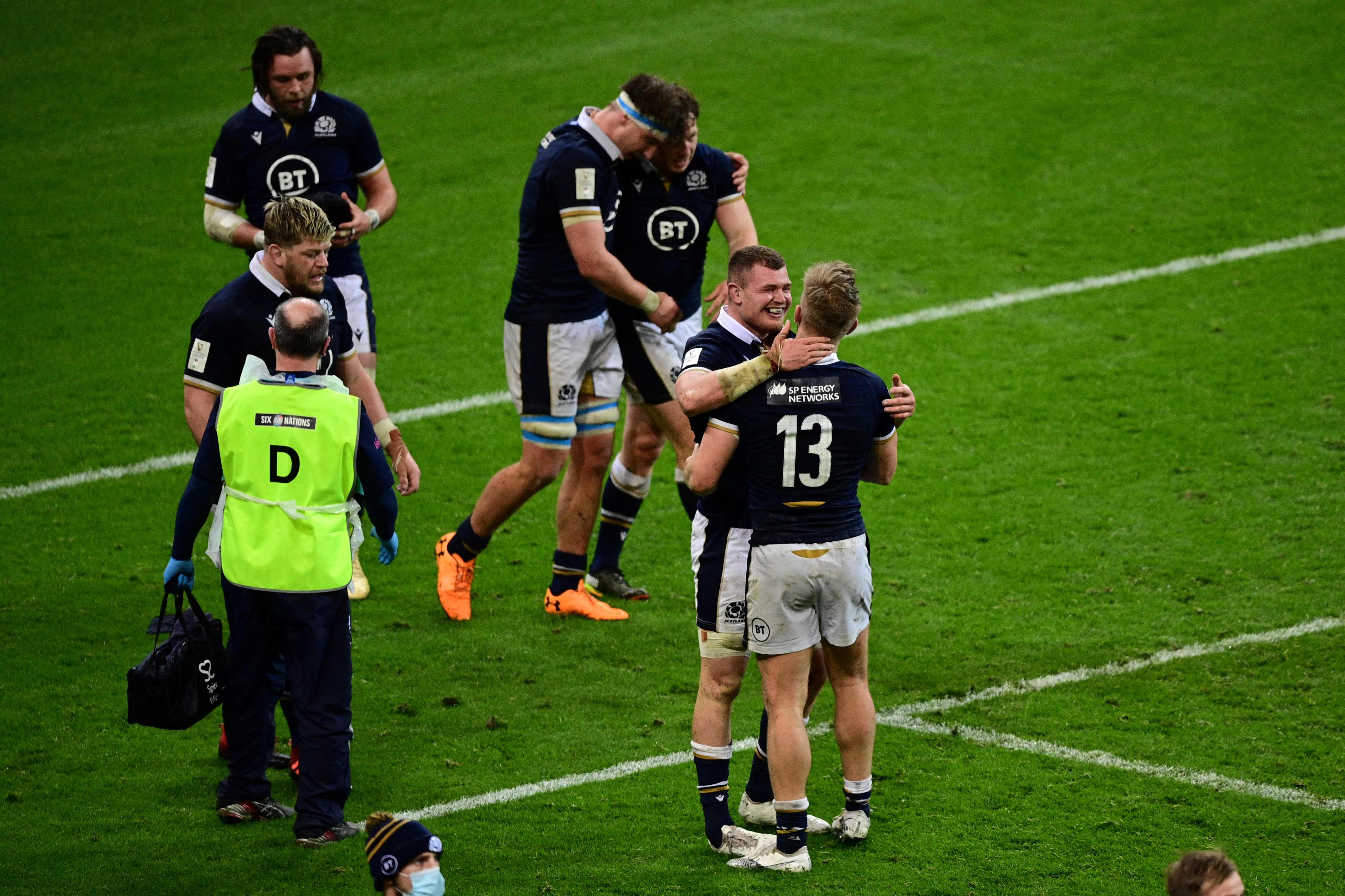Scotland celebrate after their last-gasp try
