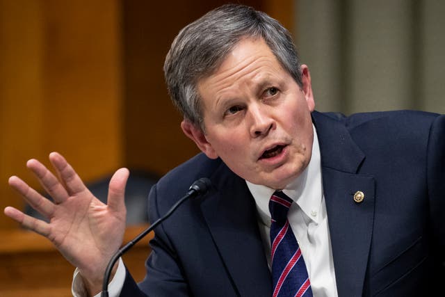 <p>Steve Daines (R-MT) directs a question about limiting abortions to Xavier Becerra, nominee for Secretary of Health and Human Services, at his confirmation hearing before the Senate Finance Committee on Capitol Hill on 24 February 2021 in Washington, DC</p>