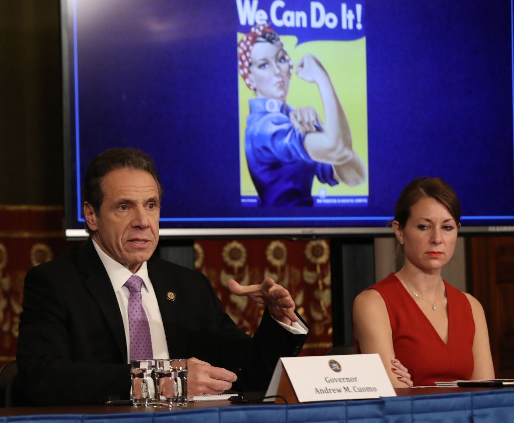 New York Governor Andrew Cuomo speaks during a news conference with Secretary to the Governor Melissa DeRosa