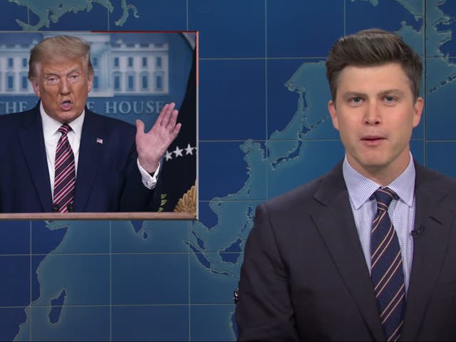 <p>SNL’s Colin Jost skewers Trump’s ‘hugging and kissing’ Capitol riot comment on Weekend Update</p>