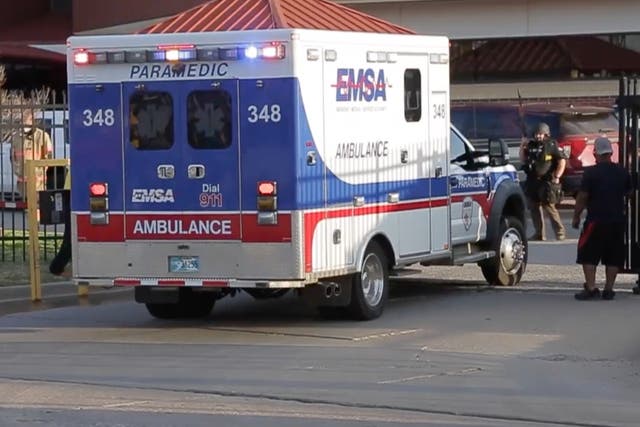 <p>An ambulance entering the grounds of Oklahoma County Detention Centre on 28 March 2021</p>