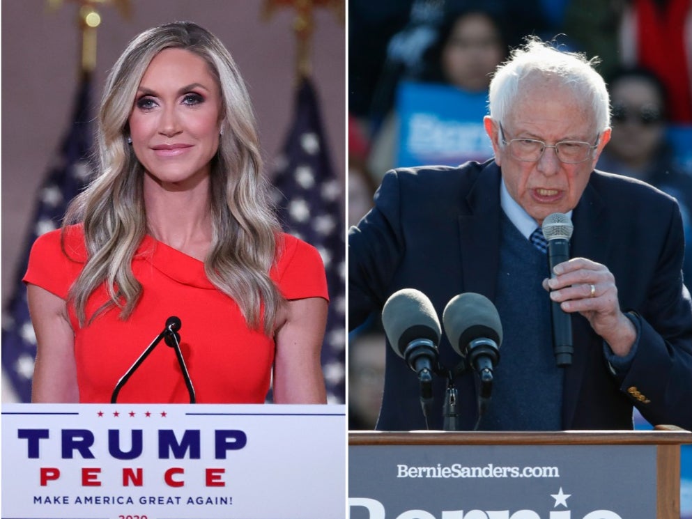 <p>Lara Trump (L) and Bernie Sanders (R) at separate political rallies</p>
