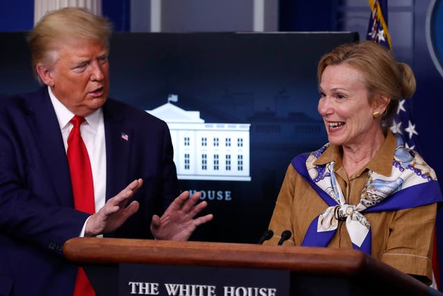 <p>Donald Trump reacts as Dr Deborah Birx, White House coronavirus response coordinator, speaks about her granddaughter’s fever  on 6 April, 2020</p>