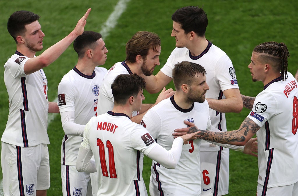 Harry Kane of England celebrates after scoring against Albania