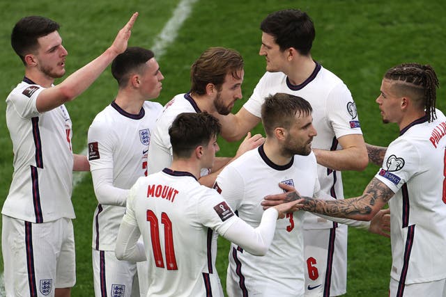 <p>Harry Kane of England celebrates after scoring against Albania</p>