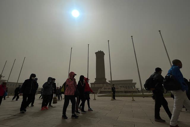 <p>Mie scattering caused by a sandstorm in Beijing has reversed the colours of the sky</p>