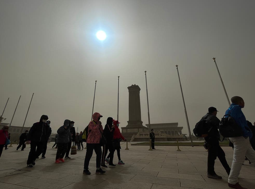 <p>Mie scattering caused by a sandstorm in Beijing has reversed the colours of the sky</p>