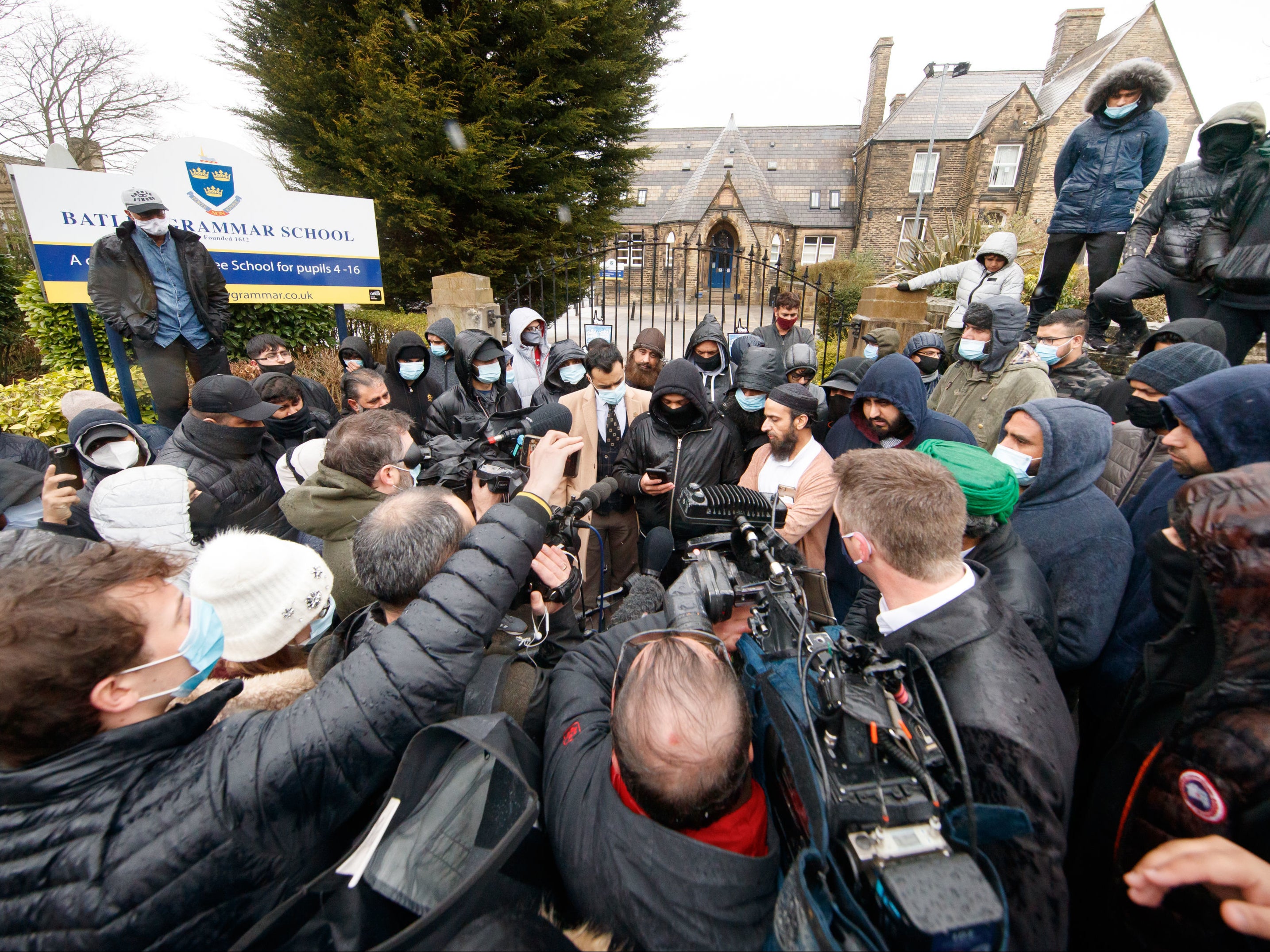 Protesters outside Batley Grammar School in Batley, West Yorkshire in 2021