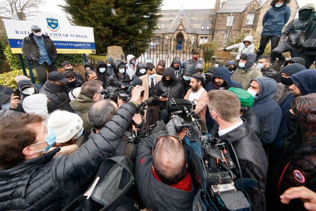 Protesters outside Batley Grammar School in Batley, West Yorkshire