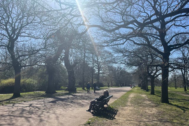 People meet friends for a walk or to sit on a bench in Greenwich Park on 29 March 2021, when lockdown restrictions have eased to allow up to six people or two households to meet outdoors in England