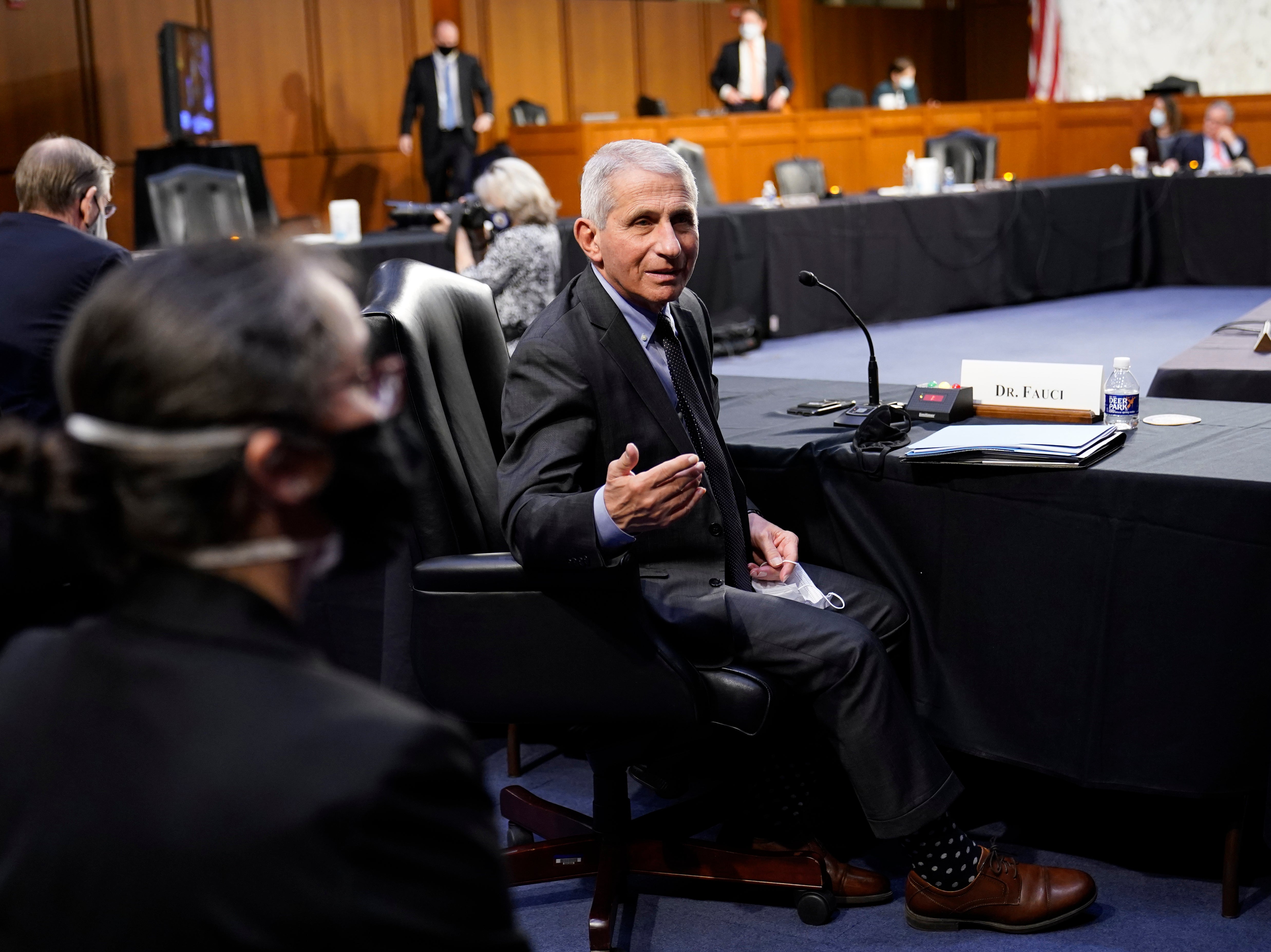 Dr Anthony Fauci speaks during a Senate Health Committee hearing on the federal coronavirus response on Capitol Hill on March 18, 2021.