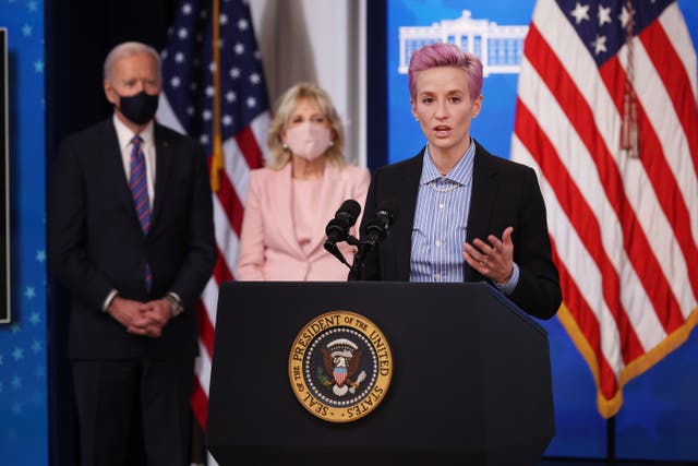 Megan Rapinoe delivers remarks during an event to mark Equal Pay Day with Joe Biden and Jill Biden on March 24, 2021. 