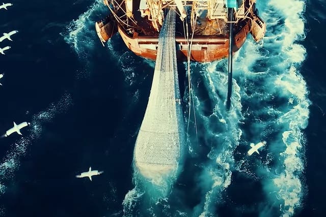 A still from Netflix documentary ‘Seaspiracy’ showing a fishing trawler dragging a net of fish behind it