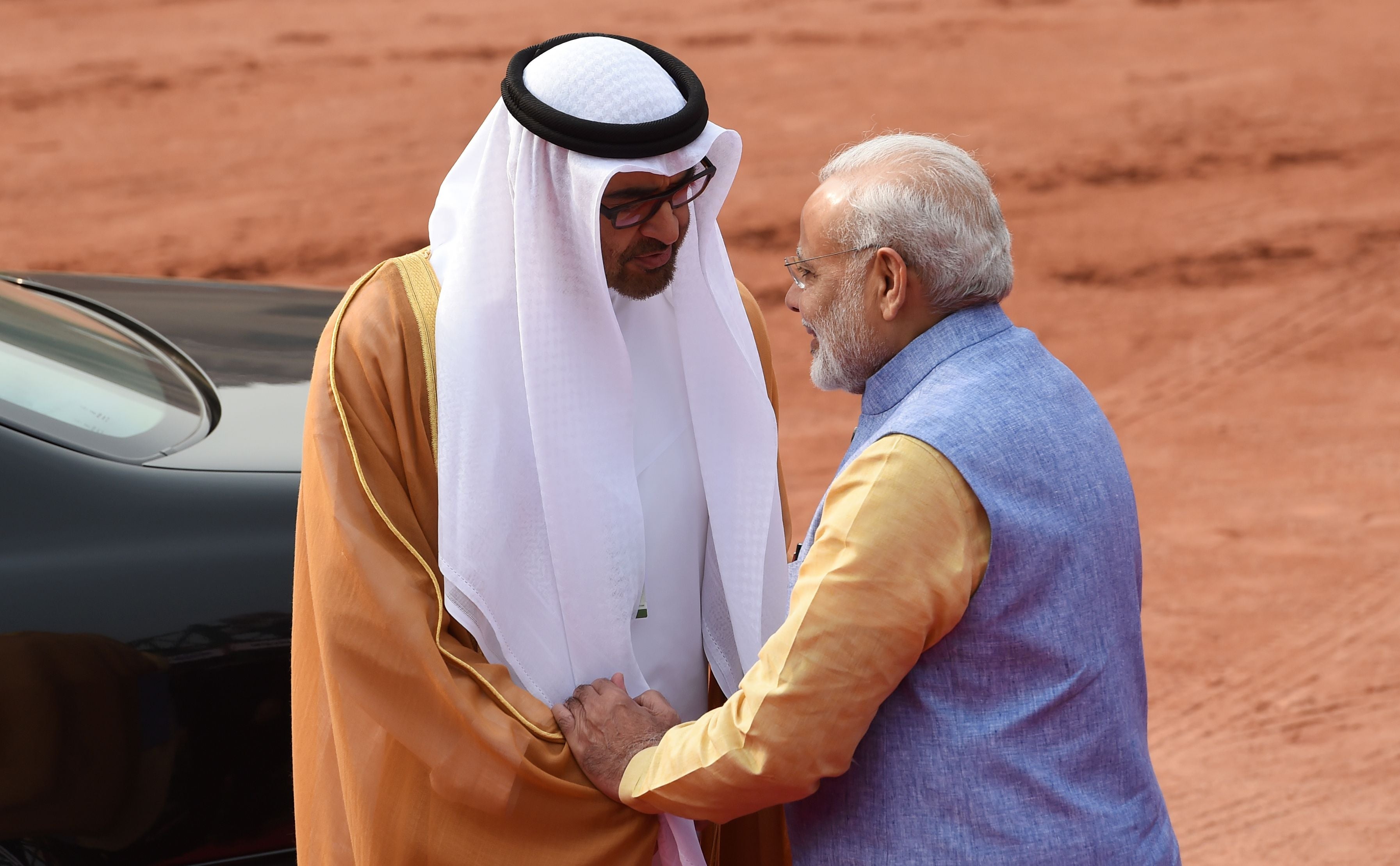 The Crown Prince of Abu Dhabi Mohammed Bin Zayed Al Nahyan and Indian prime minister Narendra Modi in New Delhi in January, 2017