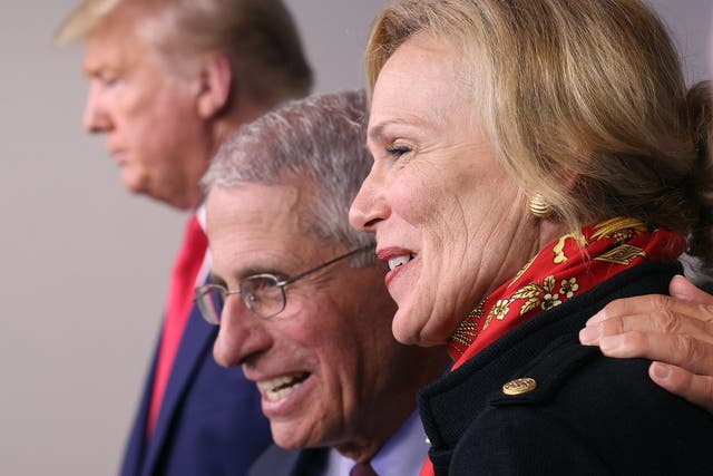 <p>US President Donald Trump, Dr Anthony Fauci, director of the National Institute of Allergy and Infectious Diseases, and White House coronavirus response coordinator Debbie Birx, participate in the daily coronavirus task force briefing in the Brady Briefing room at the White House on March 31, 2020 in Washington, DC</p>