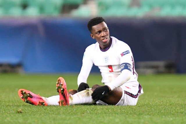 <p>Eddie Nketiah of England reacts after defeat to Portugal at 2021 UEFA European Under-21 Championship</p>
