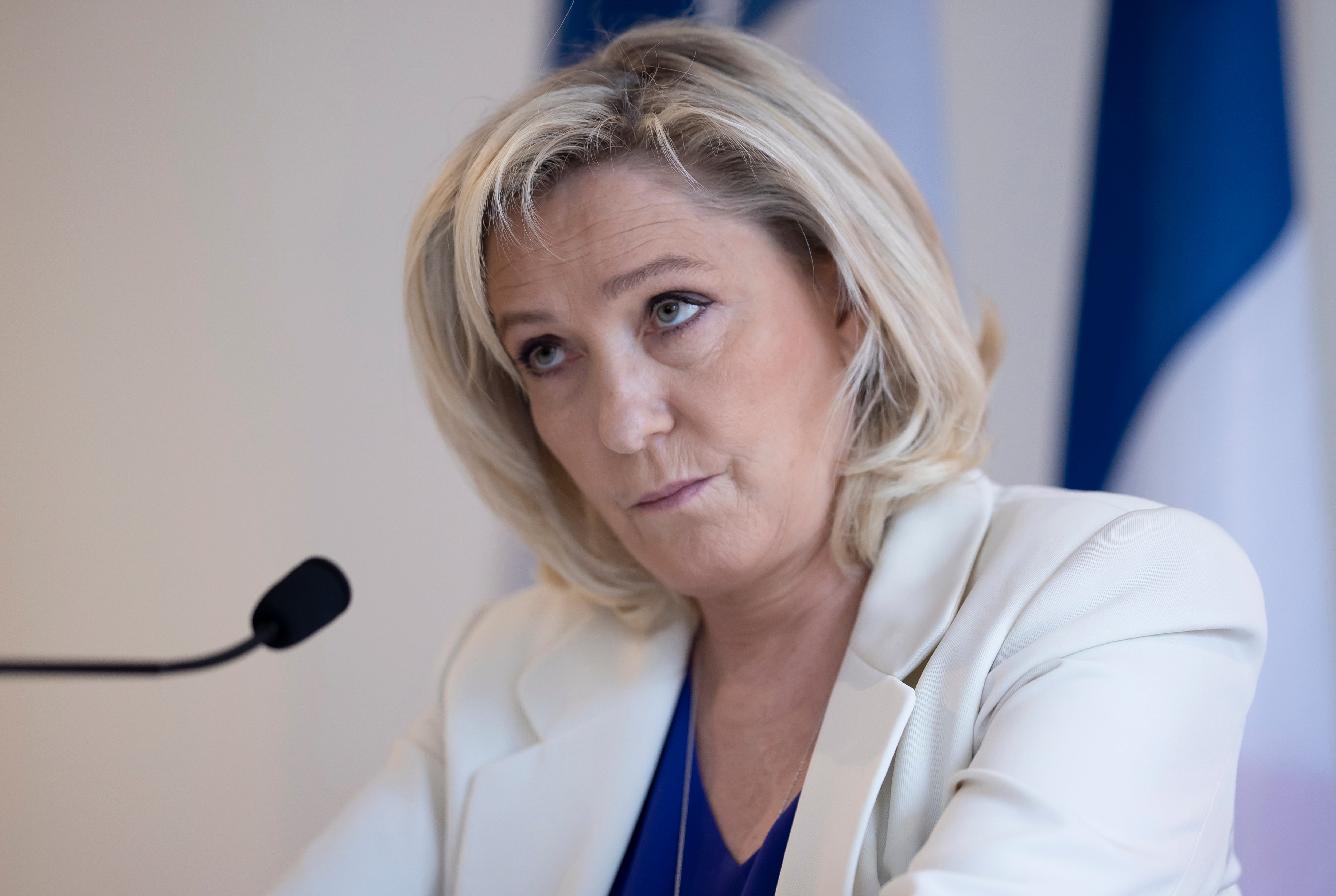 Marine Le Pen attends a news conference held to launch new political movement called ‘Avenir Francais’ earlier in March