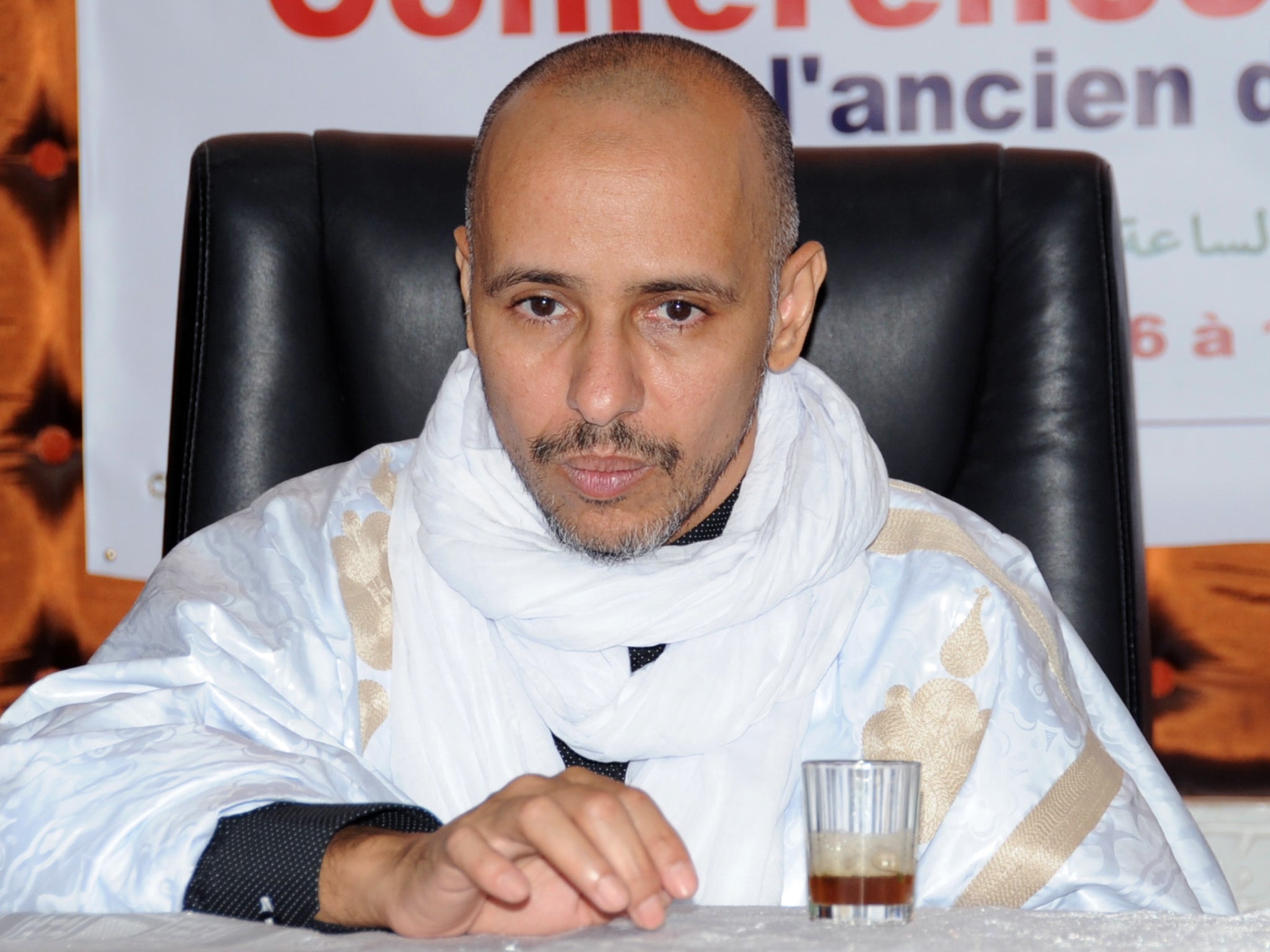 Slahi giving a press conference for his bestselling book in Nouakchott, capital of Mauritania, in 2016, after he was granted his freedom