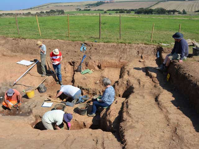 <p>Archaeologists, near Loftus, Yorkshire, excavating western Europe’s earliest known salt-manufacturing complex</p>