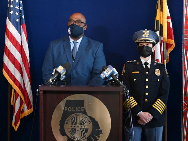 <p>Baltimore County Police Col. Andre Davis, left, and Police Chief Melissa Hyatt are shown at a news conference  in Baltimore County on Monday, on 29 March 2021</p>