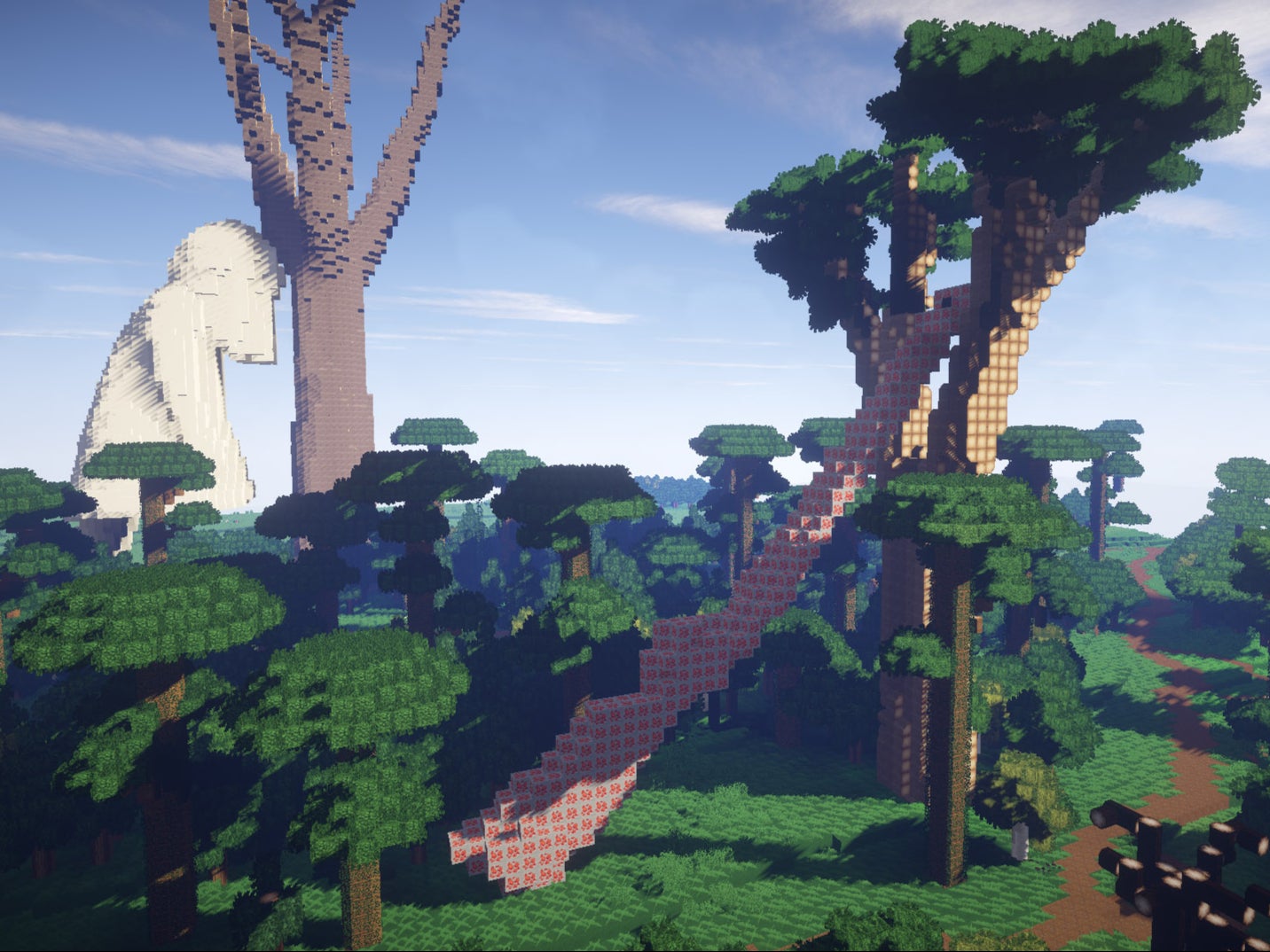 Minecraft is a popular game which encourages players to build using blocks, here allowing users to build trees and statues for the online park