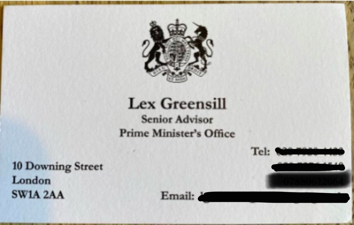 A business card describes financier Lex Greensill as an adviser to then prime minister David Cameron