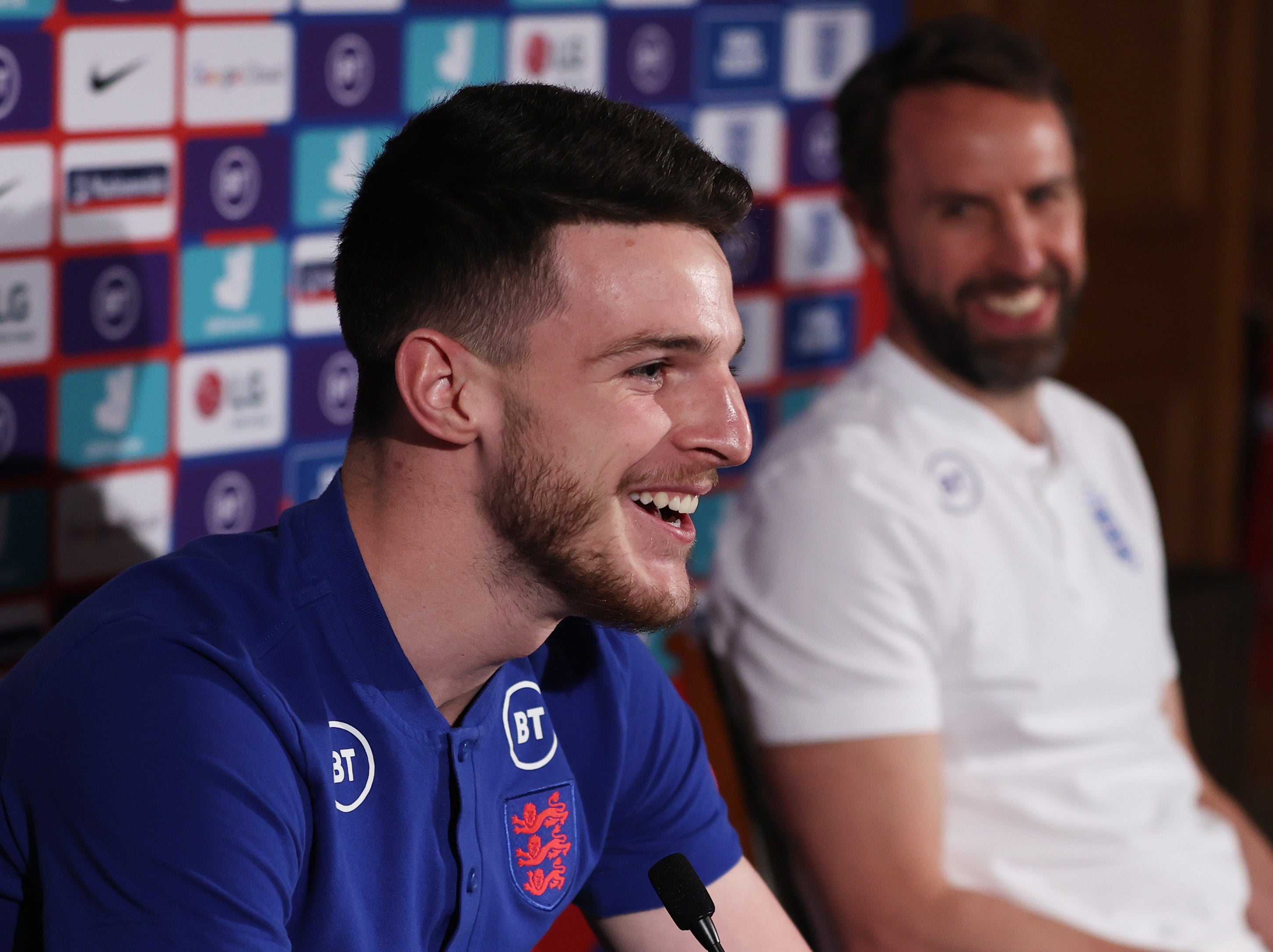 England and West Ham midfielder Declan Rice with national team coach Gareth Southgate