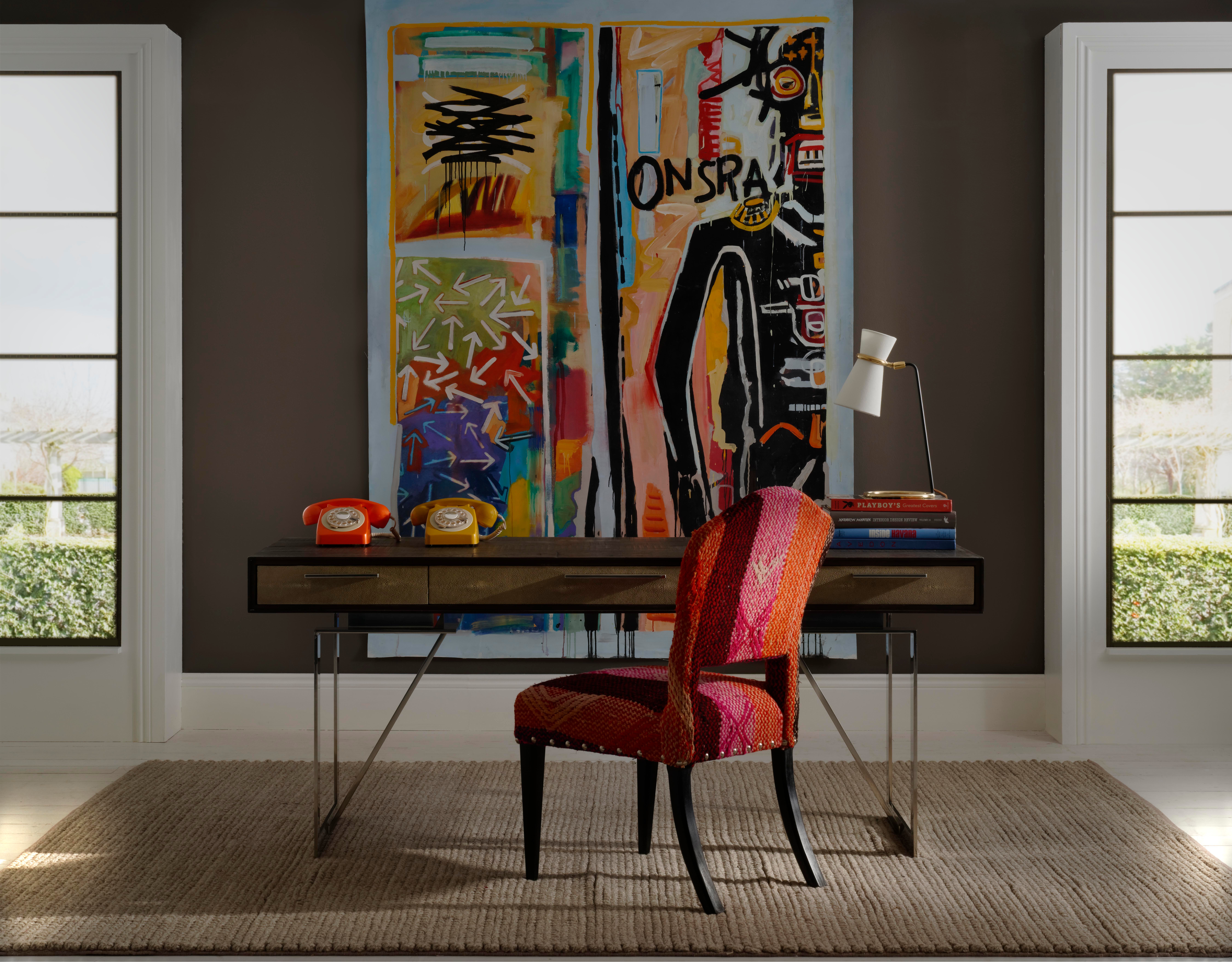 Wild Truffle Paint, from £51 for 2.5L, Latham Desk, £2,495, Clarkson Desk Lamp, £550, Bacall Jnr Chairs in Original Andean Textiles, £POR, Andrew Martin, www.andrewmartin.co.uk