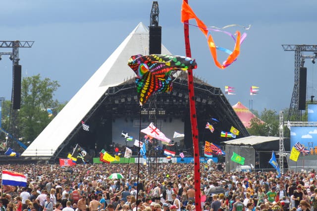 <p>Glastonbury Festival music festival Pyramid Stage crowds </p>