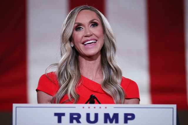 <p>Lara Trump, daughter-in-law and campaign advisor for US President Donald Trump, pre-records her address to the Republican National Convention from inside an empty Mellon Auditorium on 26 August, 2020</p>