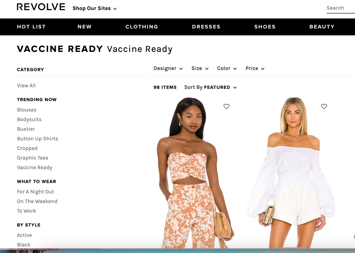 Revolve creates Vaccine Ready website category featuring shoulder-baring tops: ‘Low-key helpful’ Revolve creates Vaccine Ready website category featuring shoulder-baring tops: ‘Low-key helpful’