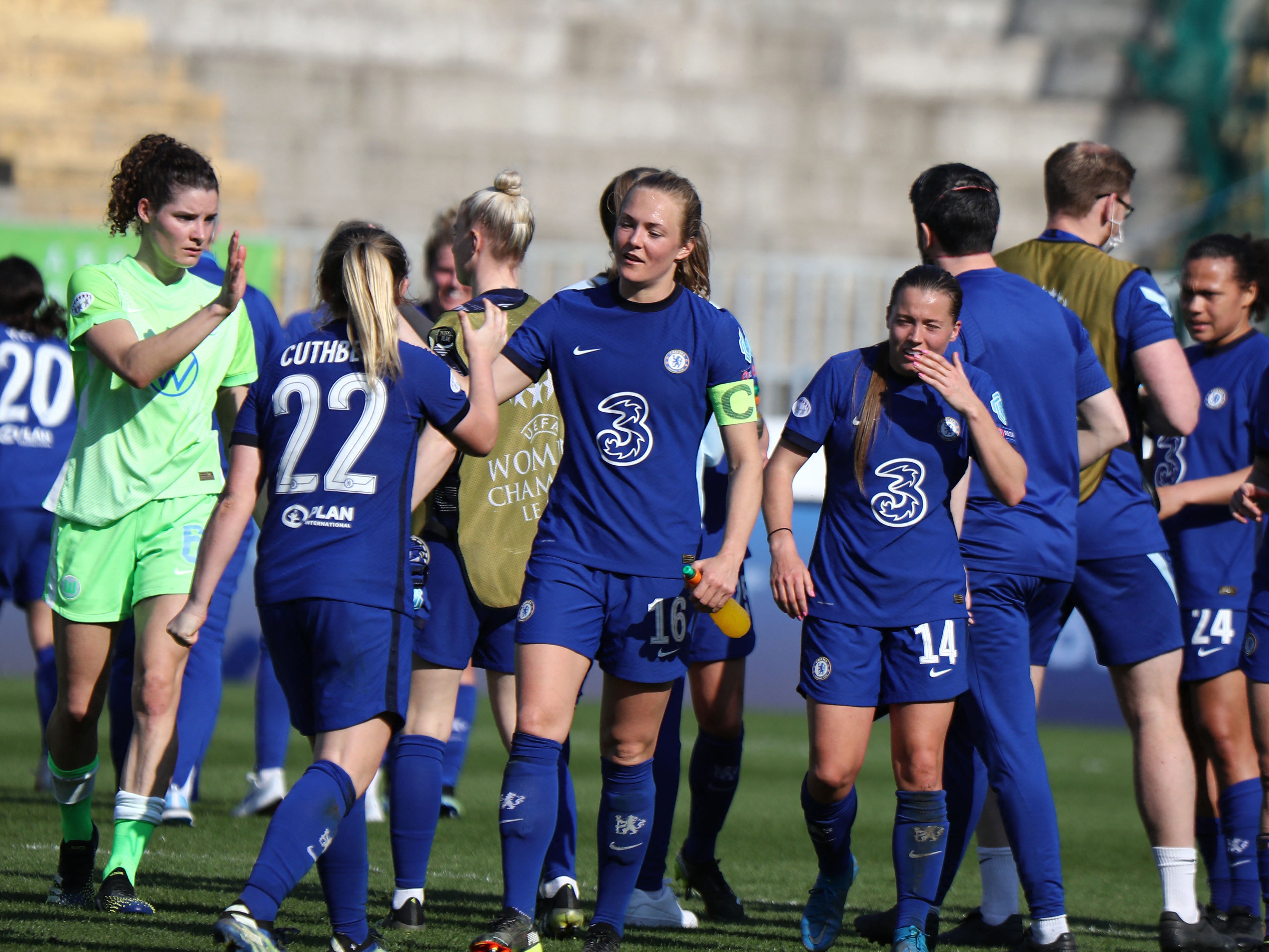 Chelsea celebrate victory over Wolfsburg to reach the final four of the Women’s Champions League