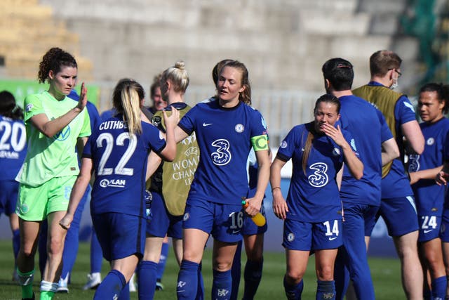 <p>Chelsea celebrate victory over Wolfsburg to reach the final four of the Women’s Champions League</p>