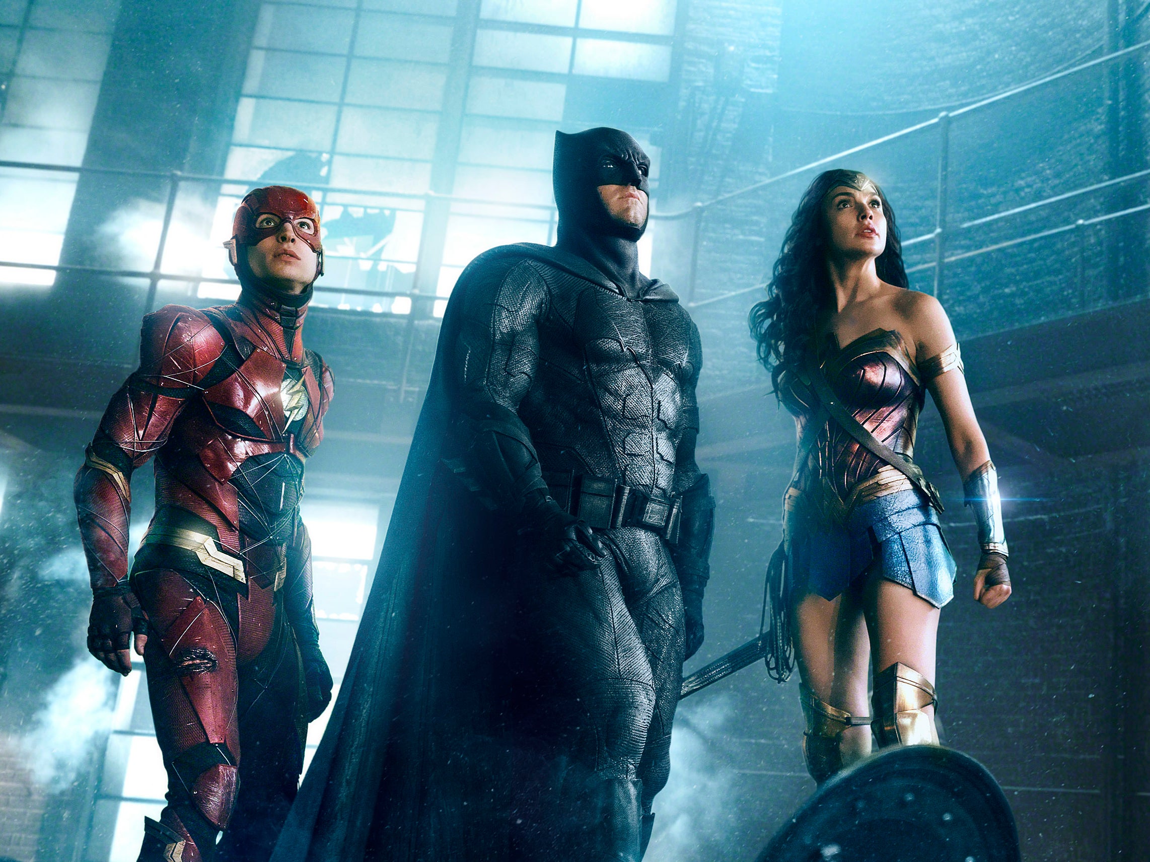 The Flash (Ezra Miller), Batman (Ben Affleck) and Wonder Woman (Gal Gadot) in ‘Zack Snyder’s Justice League’