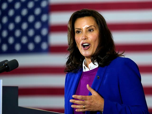 <p>Michigan governor Gretchen Whitmer speaks at Beech Woods Recreation Centre, in Southfield, Michigan, Whitmer’s office said Thursday 18 March 2021</p>