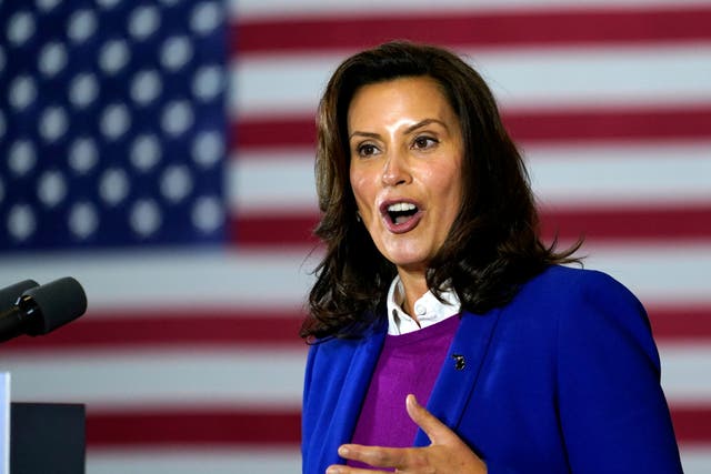 <p>Michigan governor Gretchen Whitmer speaks at Beech Woods Recreation Centre, in Southfield, Michigan, in October 2020, after an alleged kidnap plot was foiled by federal agents. </p>