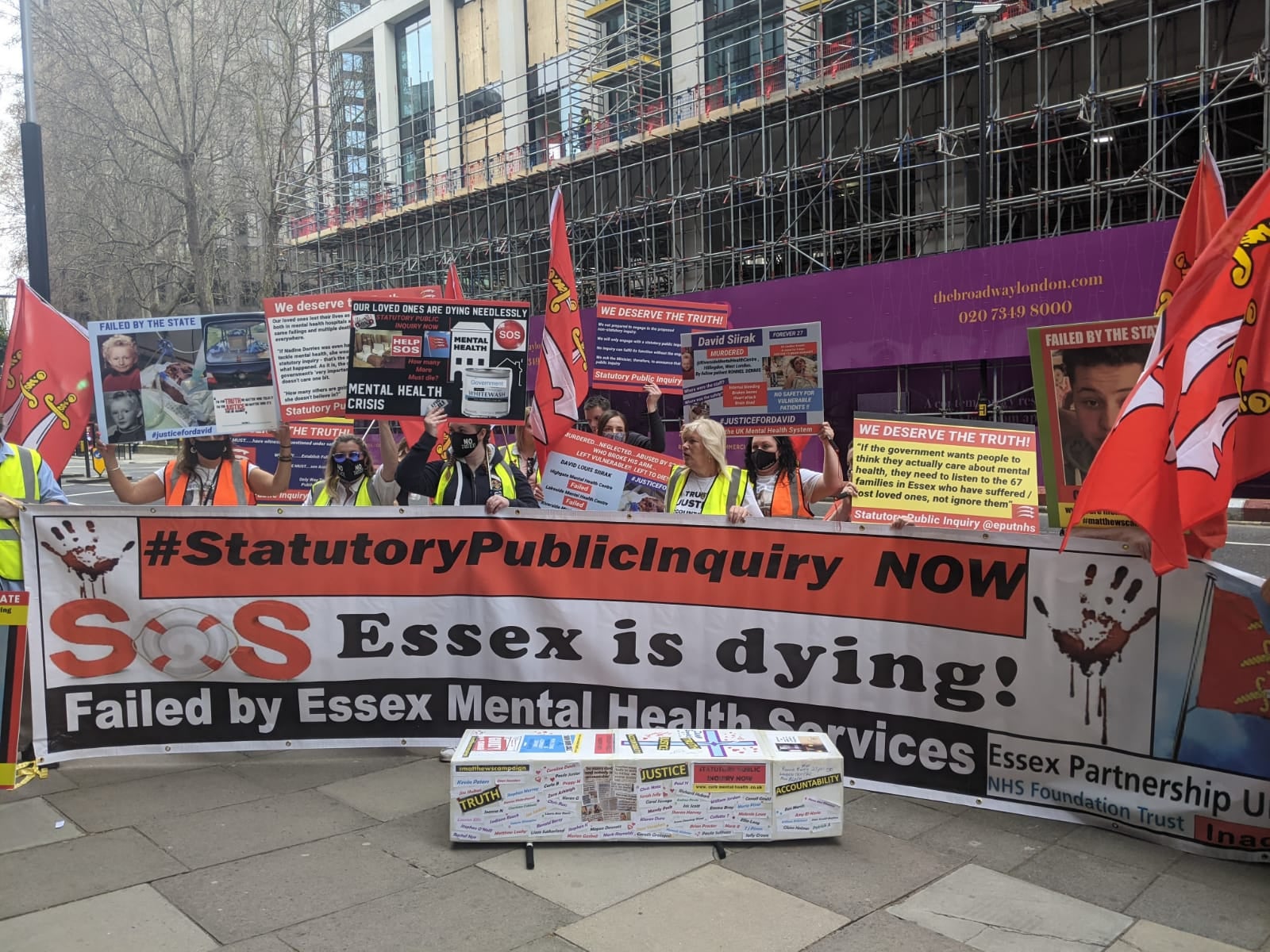 <p>Families calling for an inquiry into Essex mental health deaths outside the Department of Health and Social Care on Wednesday</p>