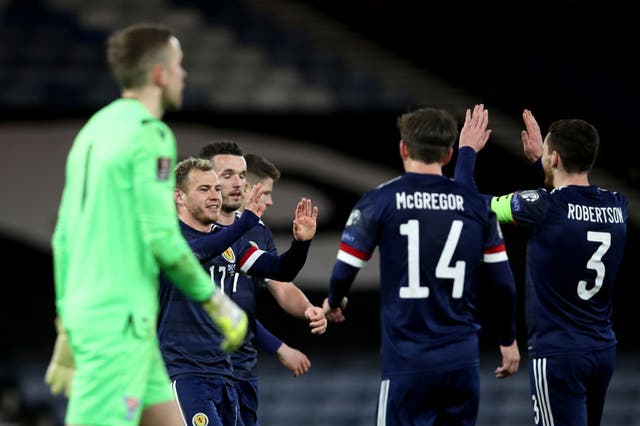 <p>Scotland celebrate scoring against the Faroes</p>