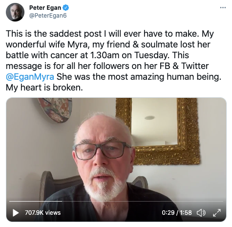 Peter Egan announces his wife Myra Frances’ death on Twitter