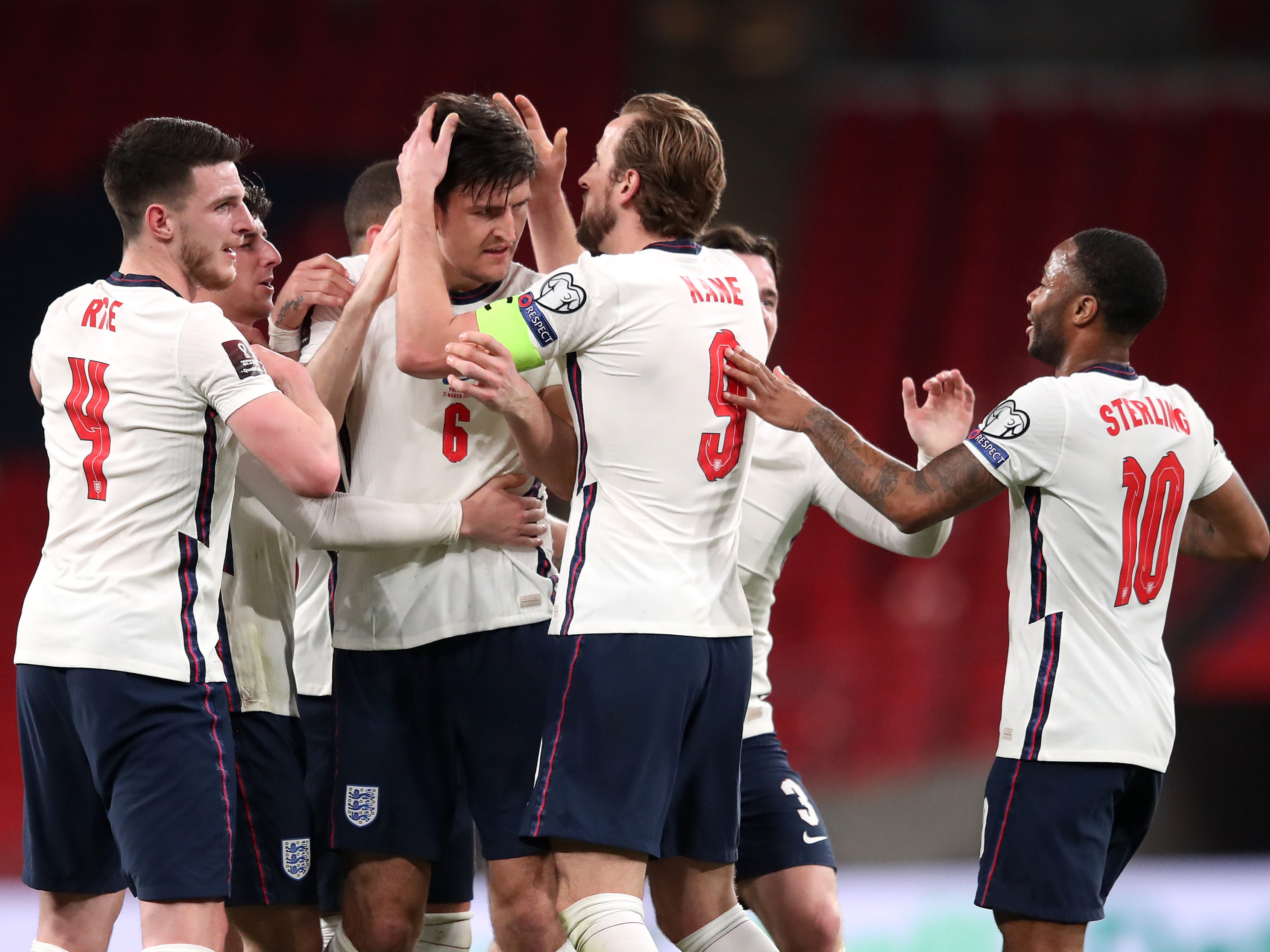 Harry Maguire celebrates scoring England’s winner against Poland