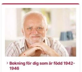 A screenshot shows a part of a government website where Swedes can book Covid-19 vaccinations, featuring the man from the ‘Hide the Pain Harold’