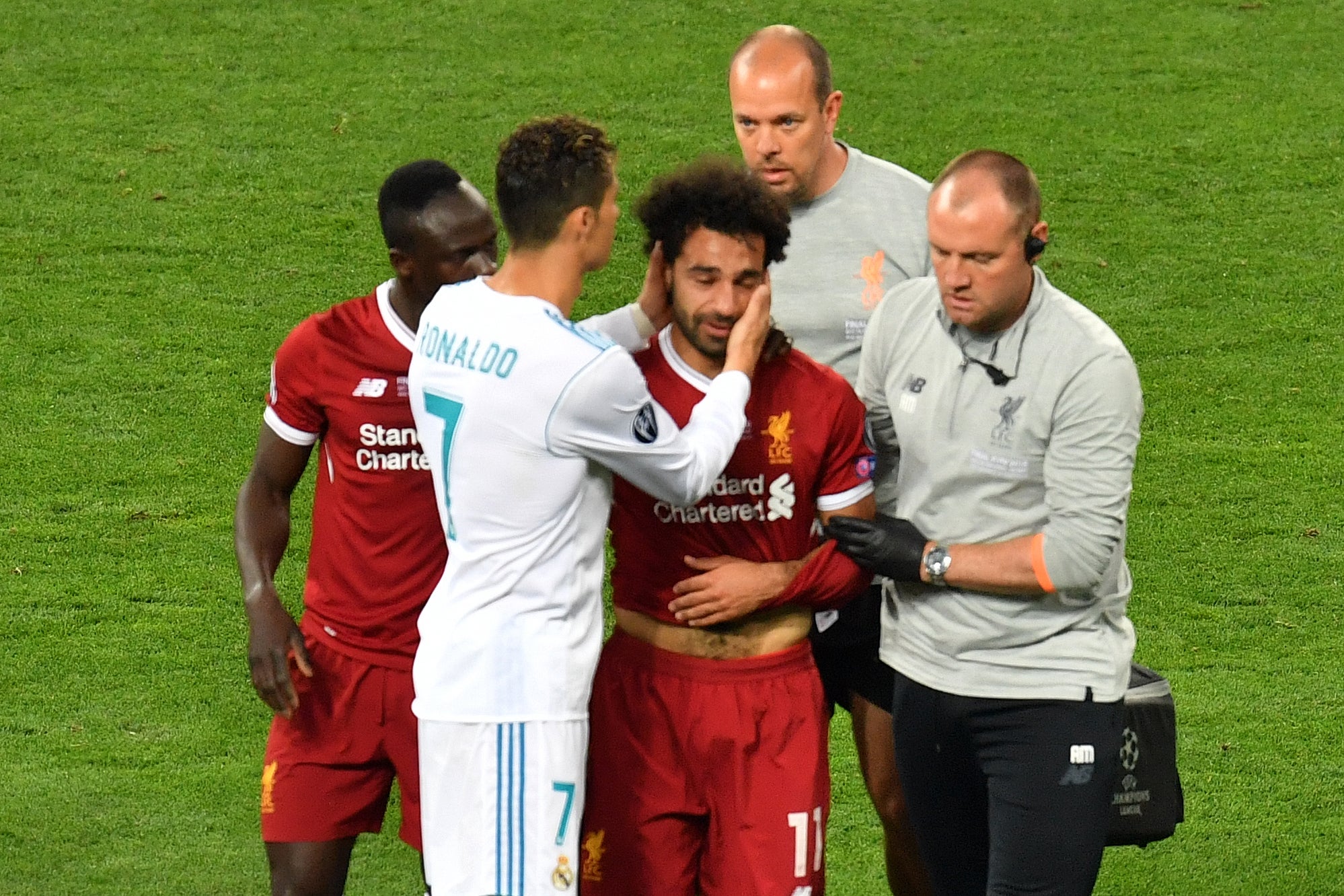 Cristiano Ronaldo consoled Salah as the Liverpool winger went off injured